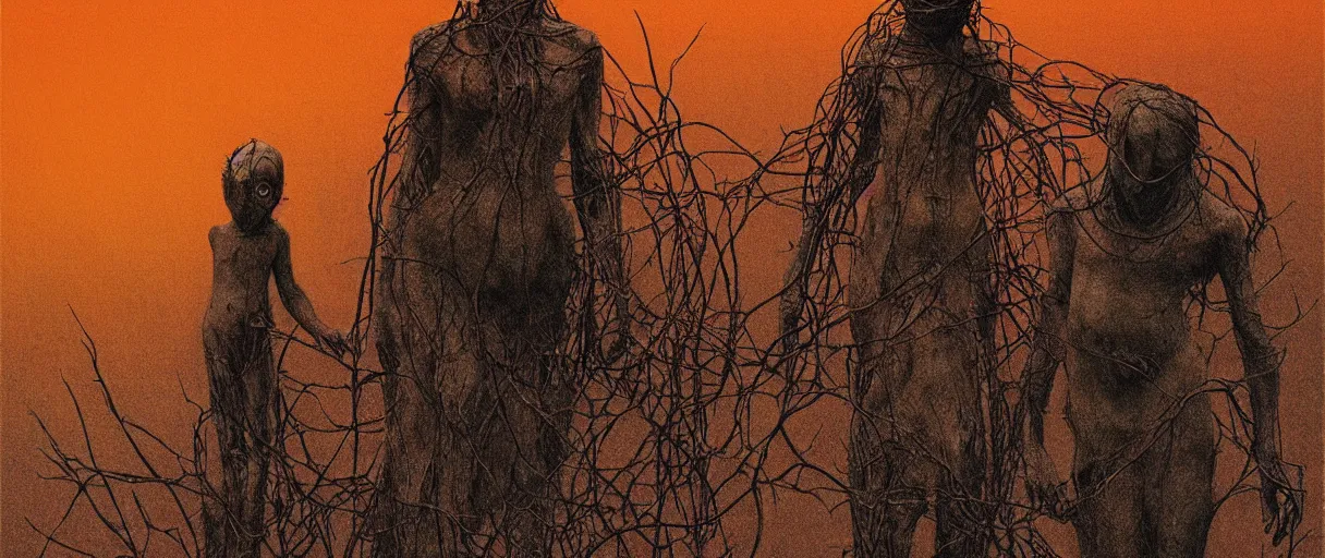 Prompt: mother and child, wrapped in thorns and wire, in a desolate, charred desert, high contrast, dark red, HDR, painted by zdzislaw beksinski