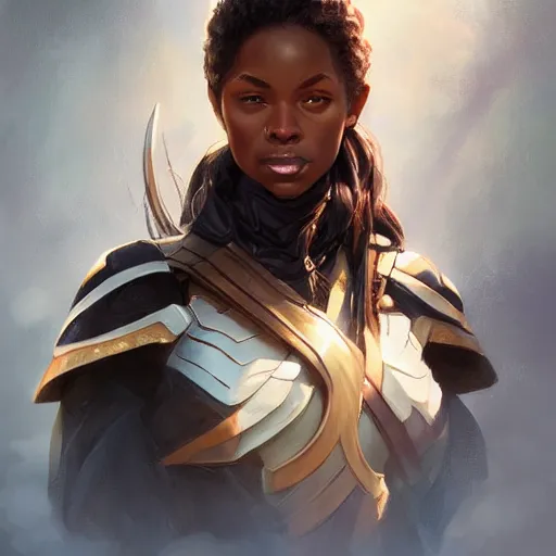 Image similar to portrait of an black female ranger, D&D, fantasy, highly detailed, digital painting, artstation, smooth, sharp focus, illustration, art by artgerm and greg rutkowski and alphonse mucha