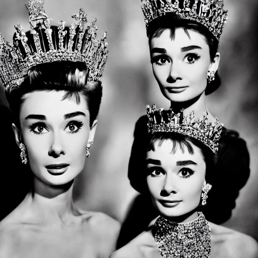 Image similar to portrait of audrey hepburn as a crowned queen, ultra realistic, canon 3 5 mm photography