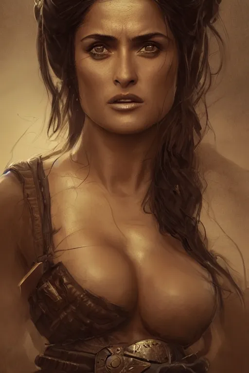Image similar to portrait, toned Salma Hayek , barbarian , face portrait, raphael lacoste, eddie mendoza, alex ross, concept art, matte painting, highly detailed, rule of thirds, dynamic lighting, cinematic, detailed, denoised, centerd