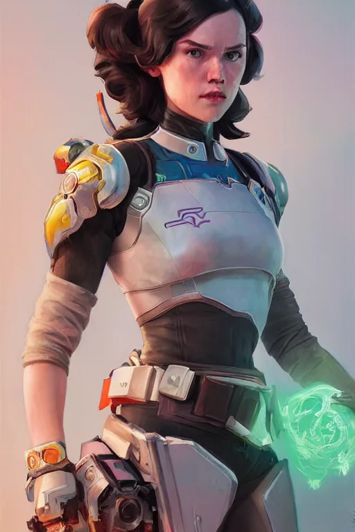 Prompt: Portrait of Daisy Ridley cosplaying as DVA from Overwatch, marvel comics, dark, intricate, highly detailed, smooth, artstation, digital illustration by Ruan Jia and Mandy Jurgens and Artgerm and Wayne Barlowe and Greg Rutkowski and Zdislav Beksinski