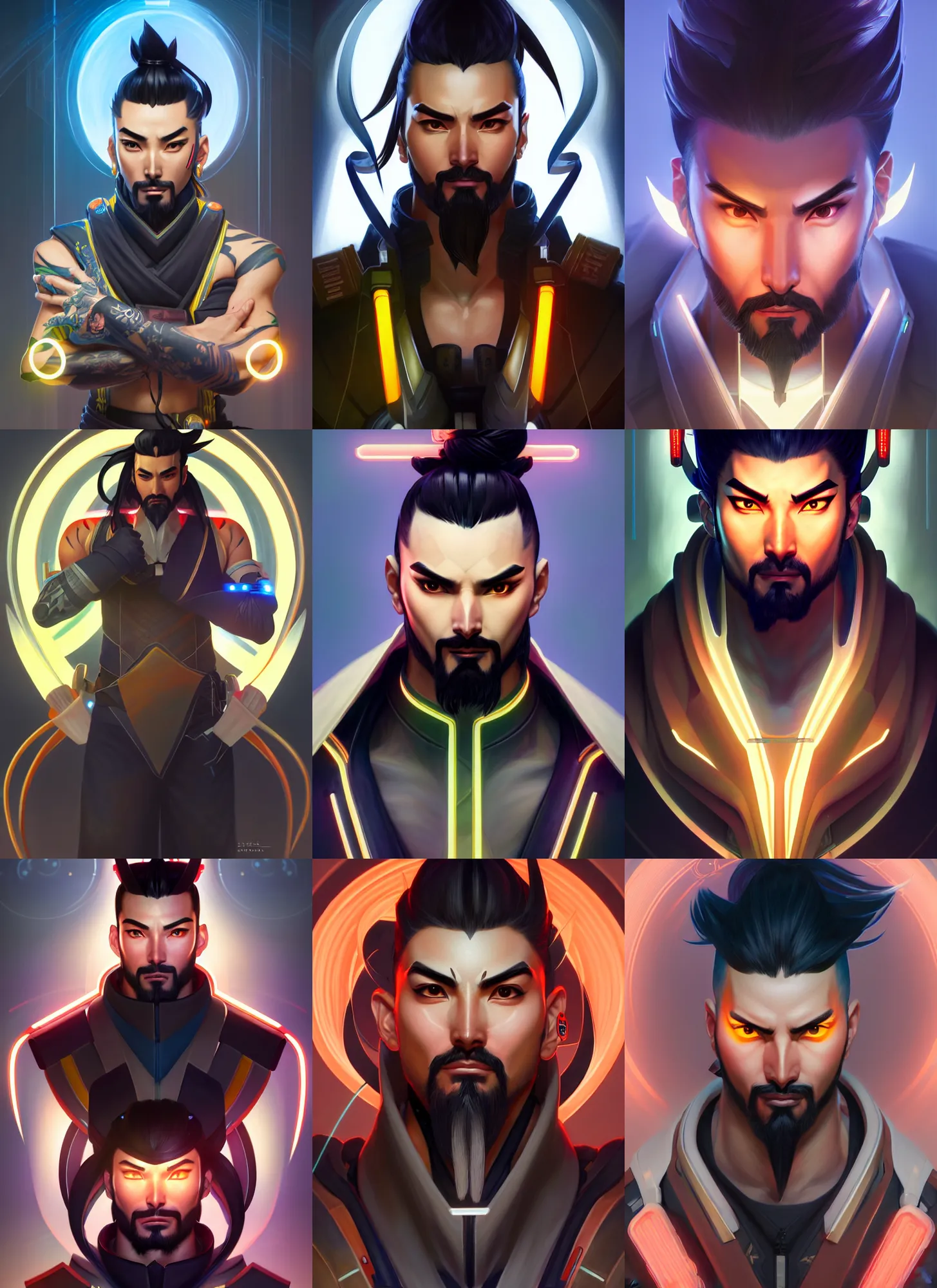 Prompt: symmetry portrait of hanzo from overwatch in a japanese garden, sci - fi, tech wear, glowing lights intricate, elegant, highly detailed, digital painting, artstation, concept art, smooth, sharp focus, illustration, art by artgerm and greg rutkowski and alphonse mucha