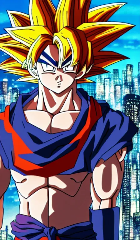 Image similar to anime fine details portrait of Goku in front of cyberpunk moder city landscape on the background deep bokeh, close-up view, anime masterpiece by Studio Ghibli. 8k, sharp high quality anime, artstation