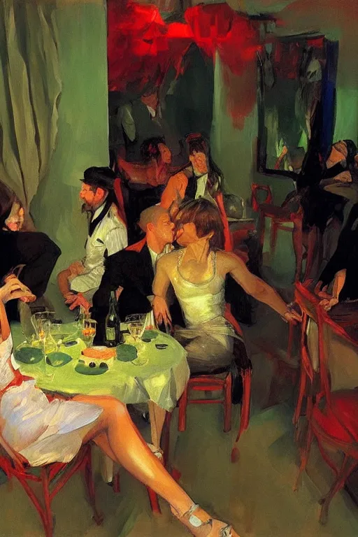 Image similar to glam rockers drinking wine, inside a tiny green room with red lights by joaquin sorolla, greg rutkowski, bill sienckiwicz, extremely detailed