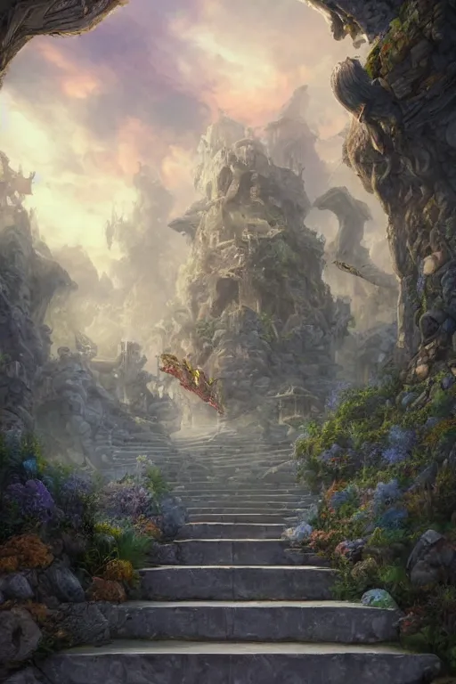 Prompt: matte glossy painting of stone steps fantasy leading do a portal, artstation by emilia dziubak, will terry, greg olsen, chris mars, ann long, and mark brooks, gret ritkowski dramatic, architecture, colorful final fantasy architecture