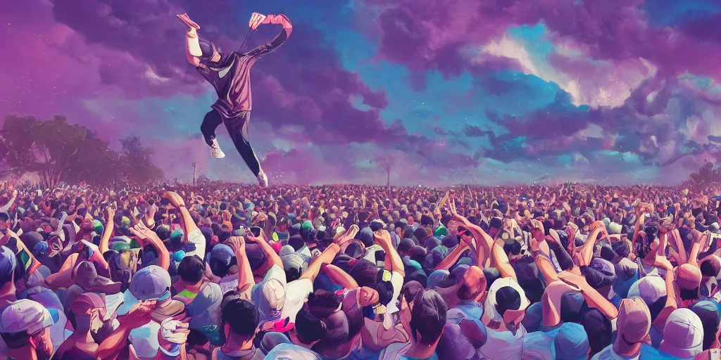 Prompt: rapper leaning over huge crowd reaching up to him, thunder and lightning, clouds, digital art, vapor wave, hip hop, trending on Artstation, professional artist, detailed, 4k