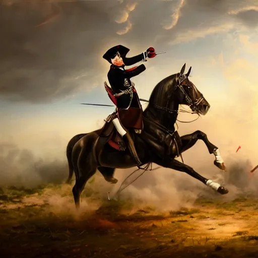 Image similar to gopro footage of napoleon on his horse fighting in waterloo, trending artstation, hyper realistic, very detailed, dramatic scene, realistic lighting, anime, 4 k