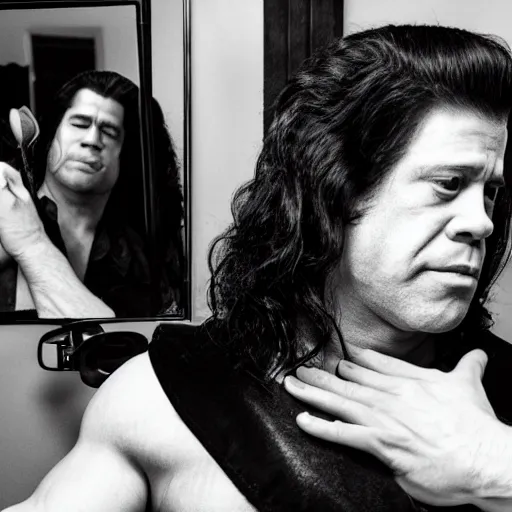 Image similar to glenn danzig sitting in front of a vanity curling his hair, high resolution,