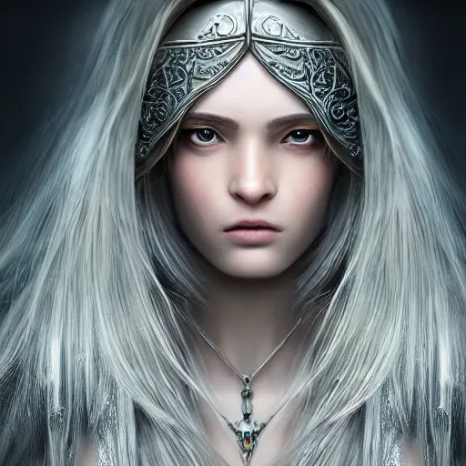 Prompt: portrait of a beautiful female cleric with long hair. She wear a silver detailed symetric amulet of a sun eye. Epic fantasy. beautiful. hyperrealism symetric face cinematic top lighting, insanely detailed and intricate, face by wlop, Charlie Bowater, golden ratio, symmetric, elegant, ornate, luxury, elite, matte painting, cinematic, trending on artstation, deviantart and cgsociety, 8k, high resolution