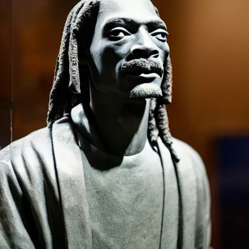 Prompt: a granite statue of snoop dogg, inside of a glass case inside of a museum, photograph