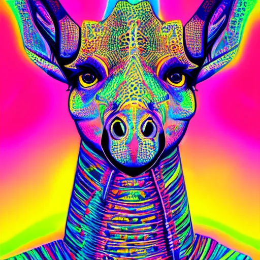 Image similar to a psychedelic neon technicolor portrait illustration of a cyberpunk giraffe in geometric kaleidoscopic colors trending on artstation 4 k intricate extremely detailed digital art