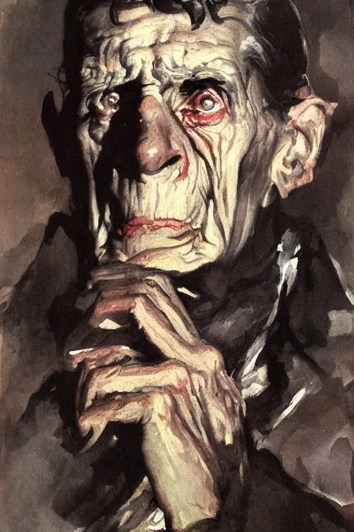 Image similar to menacing portrait of Samuel Beckett emerging from the dark void, figure in the darkness, painted by Eugène Delacroix, John Singer Sargent, Adrian Ghenie, Francis Bacon,