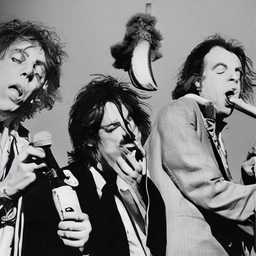 Image similar to bob geldof boomtown rats holding banana microphone, with banana costumed background singers, concert photo, getty images, pencil drawing