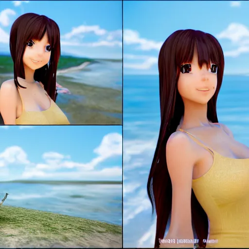 Image similar to Render of a very beautiful 3d anime girl, long hair, hazel eyes, cute freckles, full round face, short smile, cute sundress, golden hour, serene beach setting, medium shot, mid-shot, highly detailed, trending on Artstation, Unreal Engine 4k