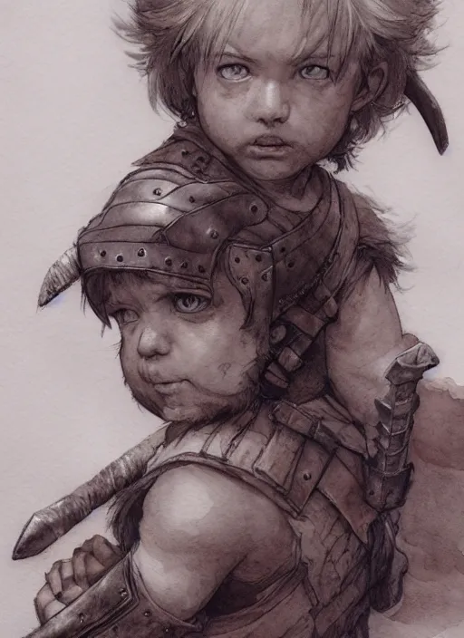 Image similar to portrait, A toddler barbarian, watercolor, dramatic lighting, cinematic, establishing shot, extremely high detail, foto realistic, cinematic lighting, pen and ink, intricate line drawings, by Yoshitaka Amano, Ruan Jia, Kentaro Miura, Artgerm, post processed, concept art, artstation, matte painting, style by eddie mendoza, raphael lacoste, alex ross