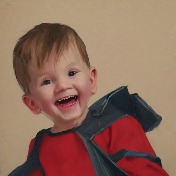 Prompt: a portrait of an evil toddler, he's up to no good, smiling threateningly