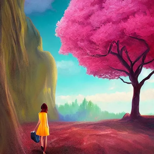 Image similar to giant cherry tree as a head, girl walking in a canyon, surreal photography, sunrise, dramatic light, impressionist painting, colorful clouds, digital painting, artstation, simon stalenhag