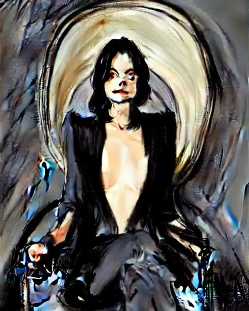 Image similar to style of rafael albuquerque, john singer sargent : : gorgeous willa holland : : evil witch, swirling black magic : : symmetrical face, symmetrical eyes : : full body pose : : gorgeous black hair : : magic lighting, low spacial lighting : :