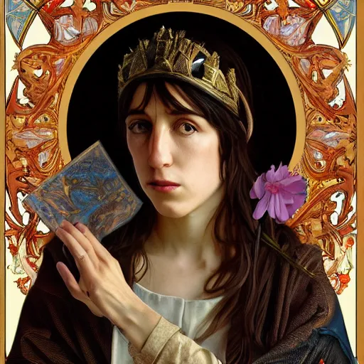 Prompt: portrait of charlotte gainsbourg as joan of arc, hyperreal digital painting, iconography influenced by alphonse mucha and eugene delacroix, arstation and deviantart trends, high resolution 8 k