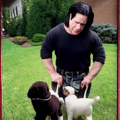Image similar to glenn danzig stealing puppies from a backyard,