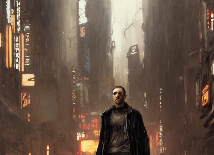 Image similar to blade runner with four robotic legs ( blade runner 2 0 4 9, dystopian, cyberpunk 2 0 7 7 character design ). orientalist portrait by john william waterhouse and james gurney and theodore ralli and nasreddine dinet, oil on canvas. cinematic, hyper realism, realistic proportions, dramatic lighting, high detail 4 k