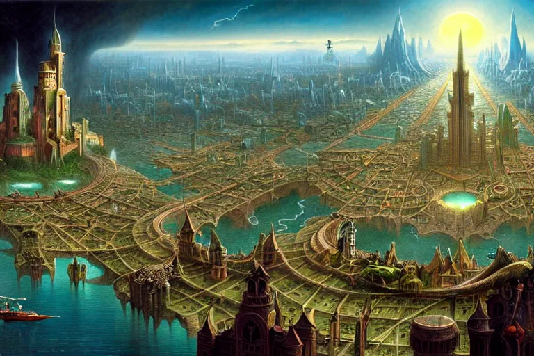 Image similar to a beautiful stunning insanely detailed matte painting of a magical mythical city at the edge of world buzzing with activity by Heironymous Bosch and Jim Burns