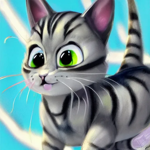 Image similar to kawaii greystriped cat looking cute, disney style, concept art, highly artstation, detailed, cartoon