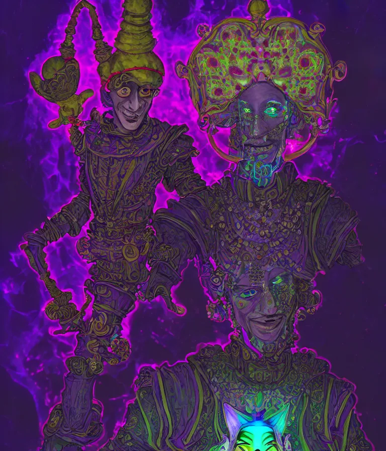 Image similar to front!!! shot of a court jester!!! character, hyperdimensional, (bioluminescent) hypercubes, dark holography!!!, ((sunset)) ((psychedelic)), spectral, (((intricate))), elegant, highly detailed, centered, (((artstation, concept art, smooth, sharp focus, artgerm, Tomasz Alen Kopera, Peter Mohrbacher, donato giancola, Joseph Christian Leyendecker, WLOP, Boris Vallejo))), mugshot!!!!!, ugly!!!!!!, octane render, nvidia raytracing demo, octane render, nvidia raytracing demo, octane render, nvidia raytracing demo, grainy, muted, 8K, digitalblasphemy, metatron