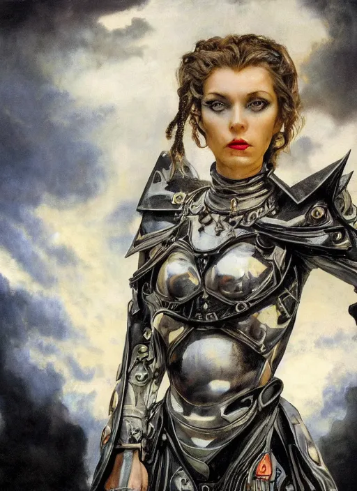 Prompt: fashion pose, symmetry!!! closeup portrait of a biblical diabolical pirate hunter girl, stylish cyborg armor, in clouds, strong studio lights, thunder, rain! storm, sunset, by gerald brom, by mikhail vrubel, by peter elson, high contrast, muted colors, extreme detail, mirrors, trending on artstation, 8 k