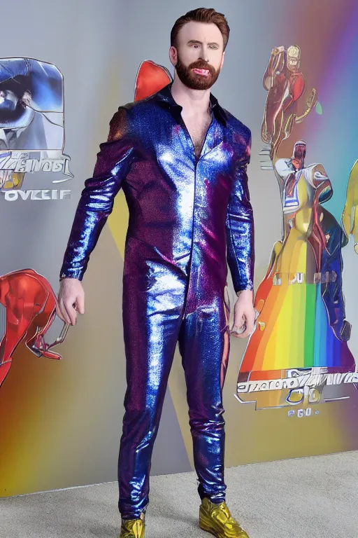 Image similar to photo of chris evans wearing a rainbow metallic suit