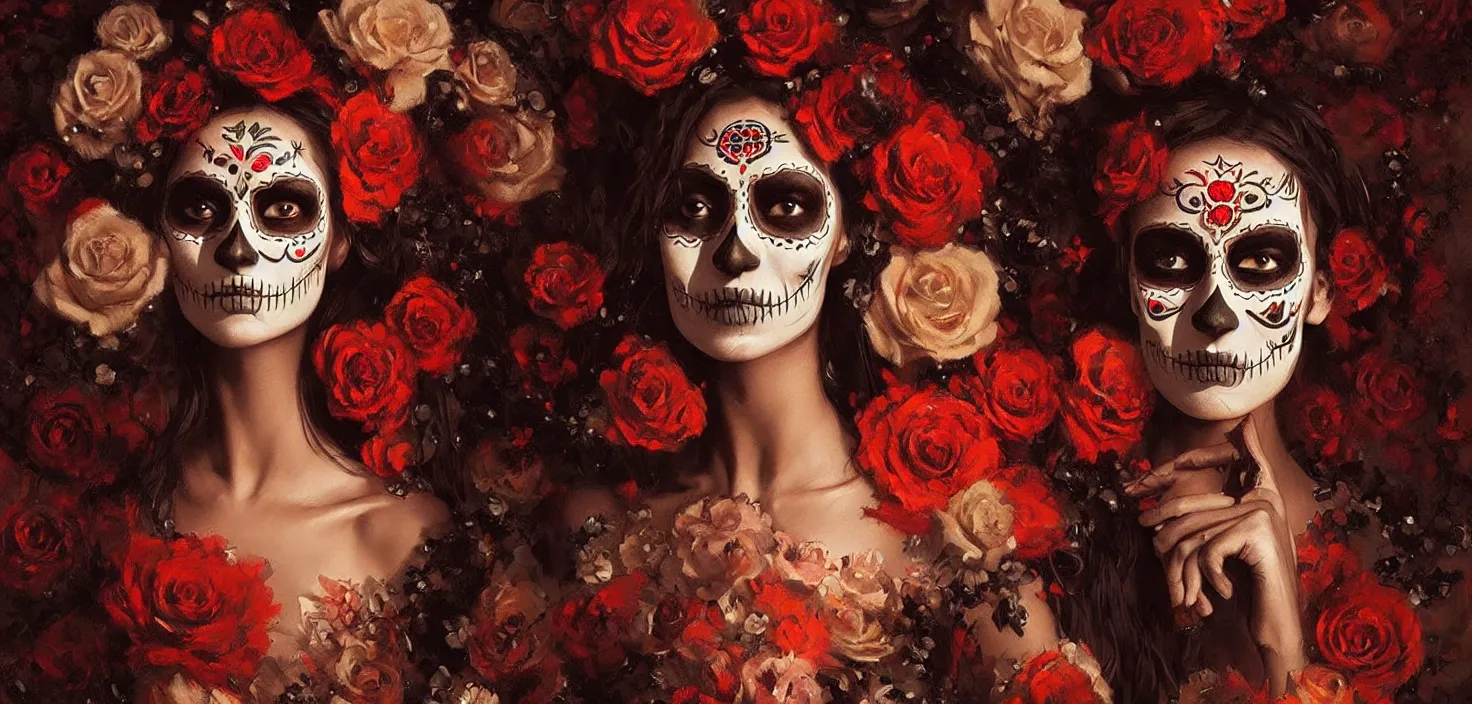 Prompt: mexican day of the dead beauty, only face, trending on artstation, greg rutkowski, john singer sargent, crop top, intricate