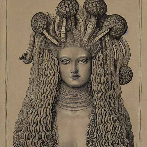 Image similar to detailed, portrait of medusa, Egyptian, surrounded by lotus flowers and geometry