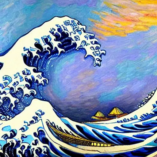 Image similar to a beautiful impasto oil painting of the great wave painted by claude monet!!, impressionism!