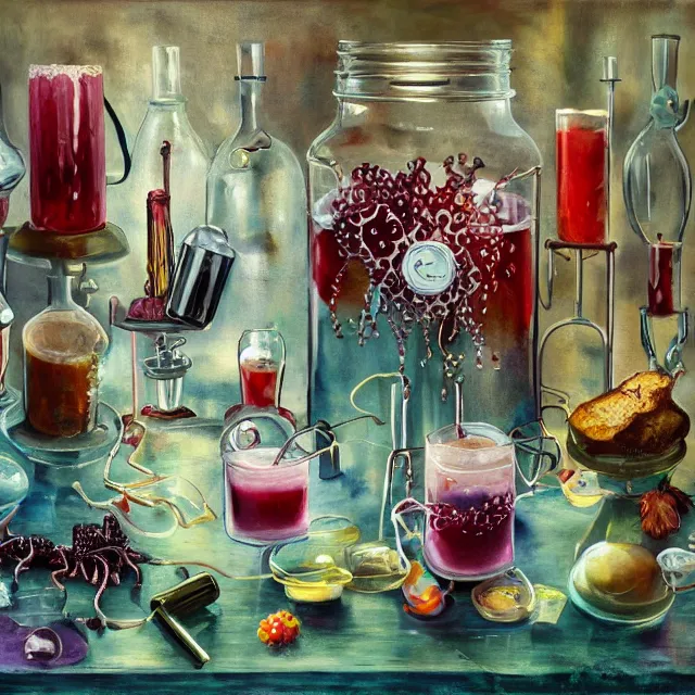 Prompt: sensual, dripping candles, medical equipment, a female art student is an octopus, many fish, berry juice drips, pancakes, iced latte, honey, painting of a woman, berries, white flowers in scientific glassware, art supplies, white candles dripping wax, neo - impressionist surrealism, acrylic and spray paint and oilstick on canvas