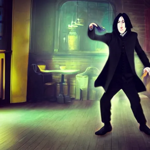 Image similar to Severus Snape dance in a bar, cheer by everyone, fish lens, neon, realistic, full body, very detailed, super realistic