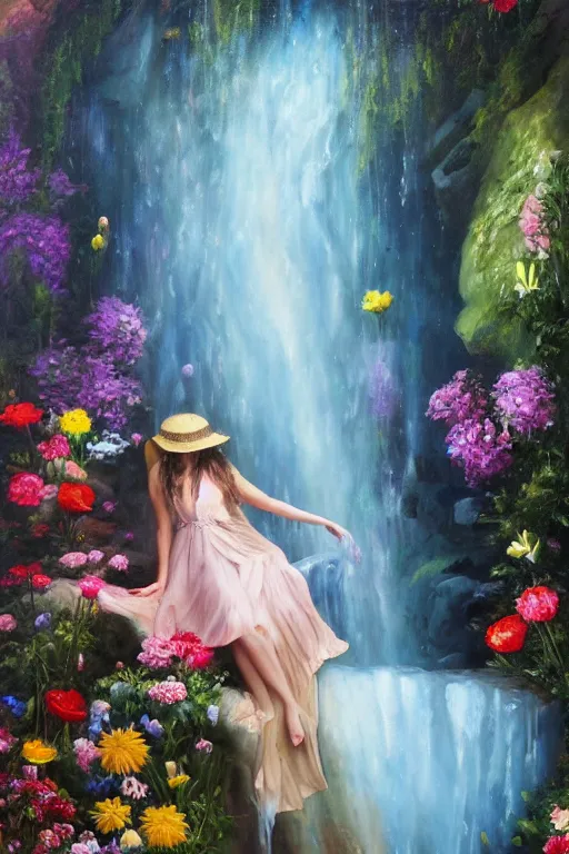 Prompt: oil painting, romanticism, girl in hat and dress of fresh flowers, cave with waterfall, roses, lilies, chrysanthemums, irises, water drops, water jets, overhead light, 4 k, 8 k