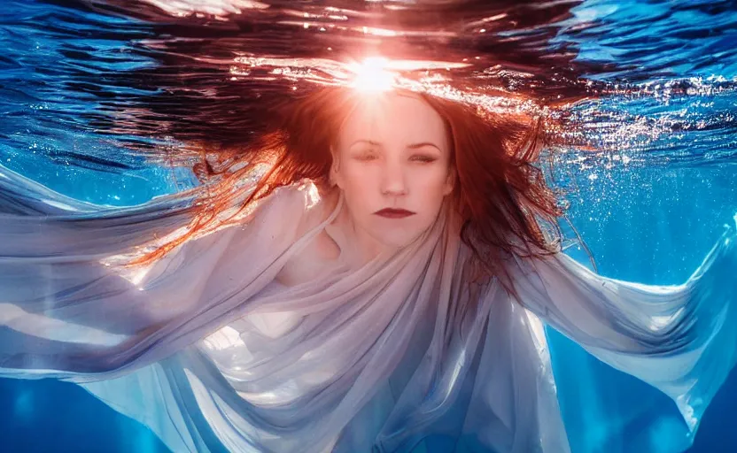 Image similar to photo portrait of woman underwater during sunrise, sunrays, flowing fabric!!, caustics, rippling water, photoshoot, flowing hair, haunting, iconic, fine-art, masterpiece, sharp focus