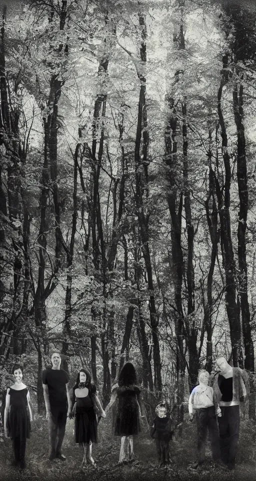 Image similar to Inverted color photograph, family in the woods