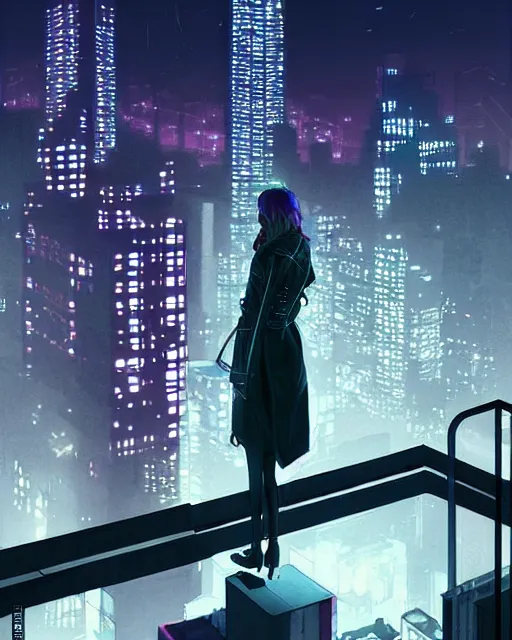 Prompt: a night rooftop scene by Liam Wong, a photorealistic beautiful half cyborg woman by Artgerm and NeoArtCorE on the rooftop looking at the city below, the half cyborg woman is wearing a long trench coat