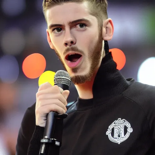 Image similar to david de gea singing pop with a microphone, indoor