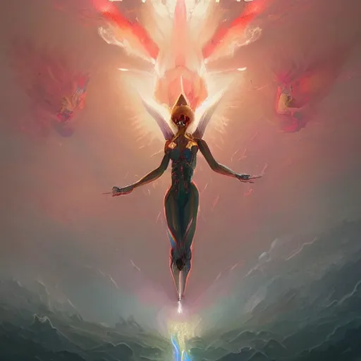 Prompt: angel made of electricity flying in the sky in the style of peter mohrbacher ; humans being devoured ; aliens, robotic machines, gods, bio - mechanical intelligences, glitch creatures, dmt entity ; lsd art, trending on artstation, style greg rutkowski