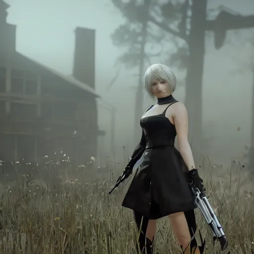 Image similar to Film still of 2B Nier Automata from Red Dead Redemption 2 (2018 video game), artstation, artstationHD, artstationHQ