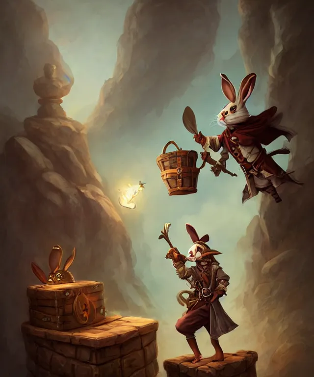 Image similar to anthropomorphic rabbit pirate, pirate outfit, standing on a treasure chest, standing in a beautiful landscape, cute and adorable, dnd character art portrait, matte fantasy painting, deviantart artstation, by jason felix by steve argyle by tyler jacobson by peter mohrbacher, cinematic lighting