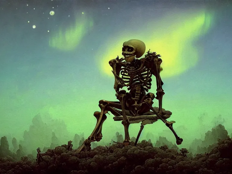Prompt: a detailed profile oil painting of a skeleton sitting on a toiled, aurora lighting clouds and stars by beksinski carl spitzweg and tuomas korpi. baroque elements. baroque element. intricate artwork by moebius. Trending on artstation. 8k