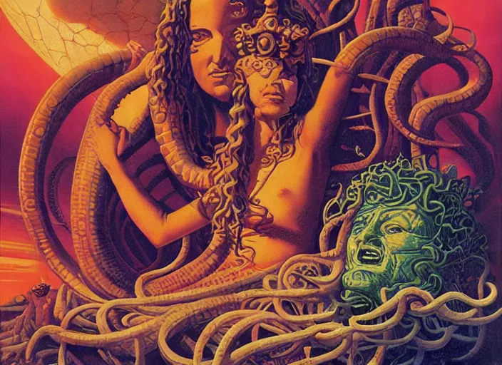 Image similar to monalisa as medusa, omnious by kilian eng, chris foss, rodney matthews, robert mccall, jacek yerka and vladimir kush, oil on canvas