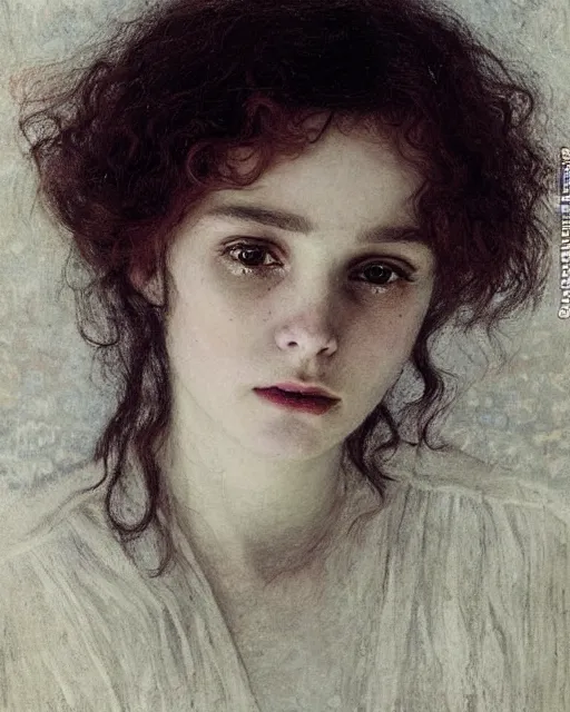 Prompt: a beautiful but sinister girl who looks like cillian murphy or possibly paloma baeza in layers of fear, with haunted eyes and curly hair, 1 9 7 0 s, seventies, delicate embellishments, a little blood, crimson, painterly, offset printing technique, by jules bastien - lepage