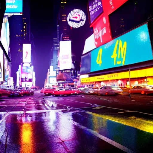 Image similar to fried egg on the road, times square, night time, raining, neon light, romantic, ultra realistic, unreal engine, 4k, artstation