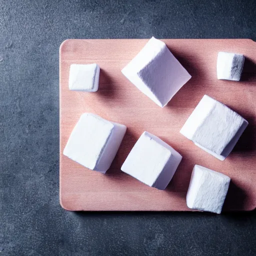 Image similar to photograph of delicious fluffy marshmallow cube with sprinkles on a dark wooden chopping board, pastel colours, professional food photography, photorealistic, depth of field, 4 k, canon 1 d, bohek