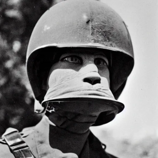 Image similar to close up of a cat wearing soldier helmet in the battle, ww2 historical photography, black and white