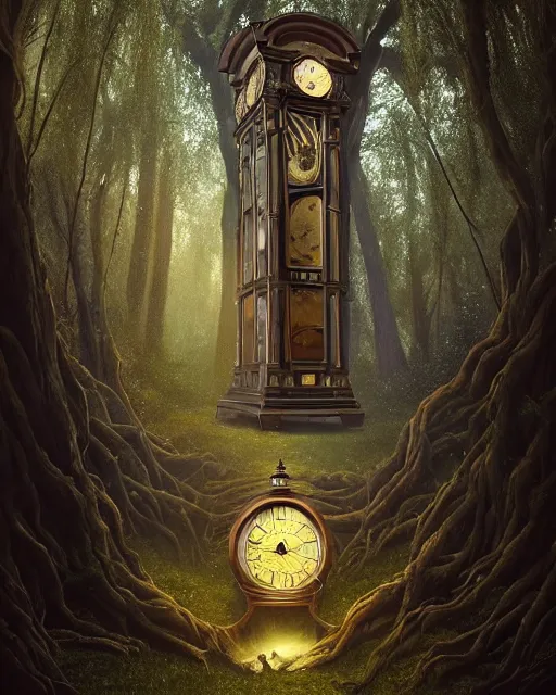 Image similar to highly detailed surreal vfx portrait of a cursed grandfather clock in a shadowy forest by a willow tree, stephen bliss, unreal engine, greg rutkowski, loish, rhads, beeple, makoto shinkai and lois van baarle, ilya kuvshinov, rossdraws, tom bagshaw, alphonse mucha, global illumination, detailed and intricate environment